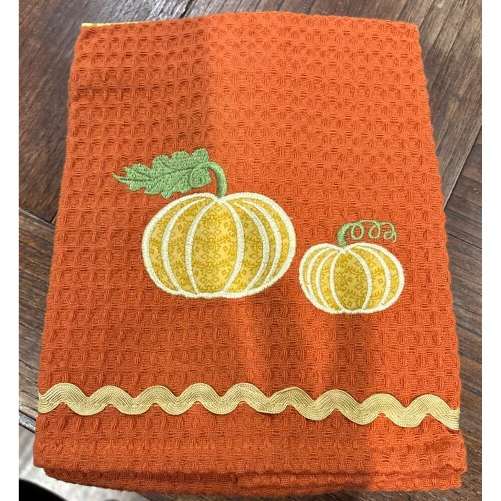 Set Of 3 Fall Kitchen Towels With Pumpkin Embroidery & Plaid Design Orange & Yel